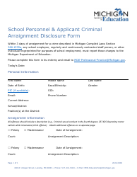 Document preview: School Personnel & Applicant Criminal Arraignment Disclosure Form - Michigan