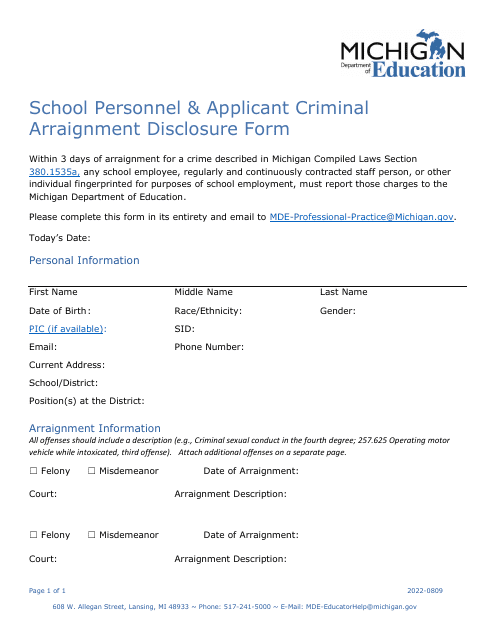 School Personnel & Applicant Criminal Arraignment Disclosure Form - Michigan