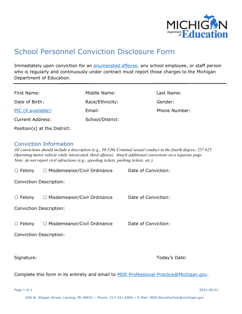 School Personnel Conviction Disclosure Form - Michigan, Page 1