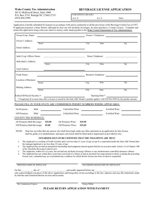 Beverage License Application - Wake County, North Carolina Download Pdf