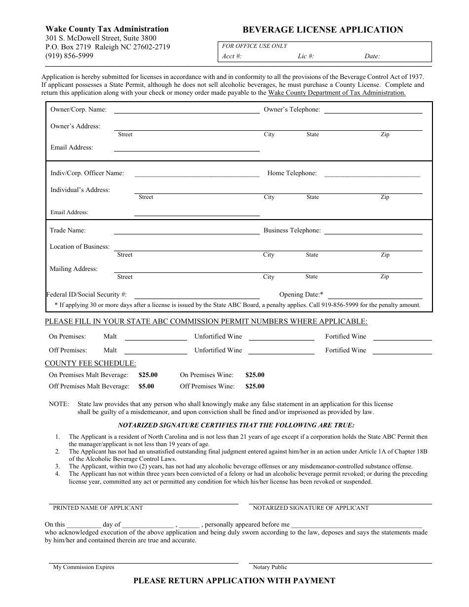 Beverage License Application - Wake County, North Carolina, Page 1
