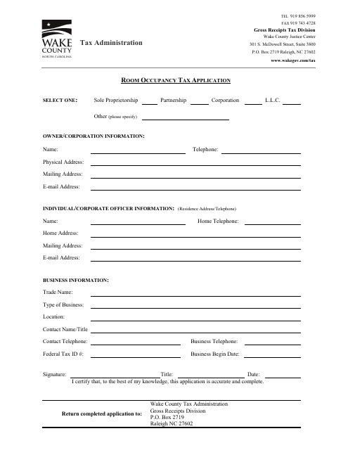 Room Occupancy Tax Application - Wake County, North Carolina Download Pdf