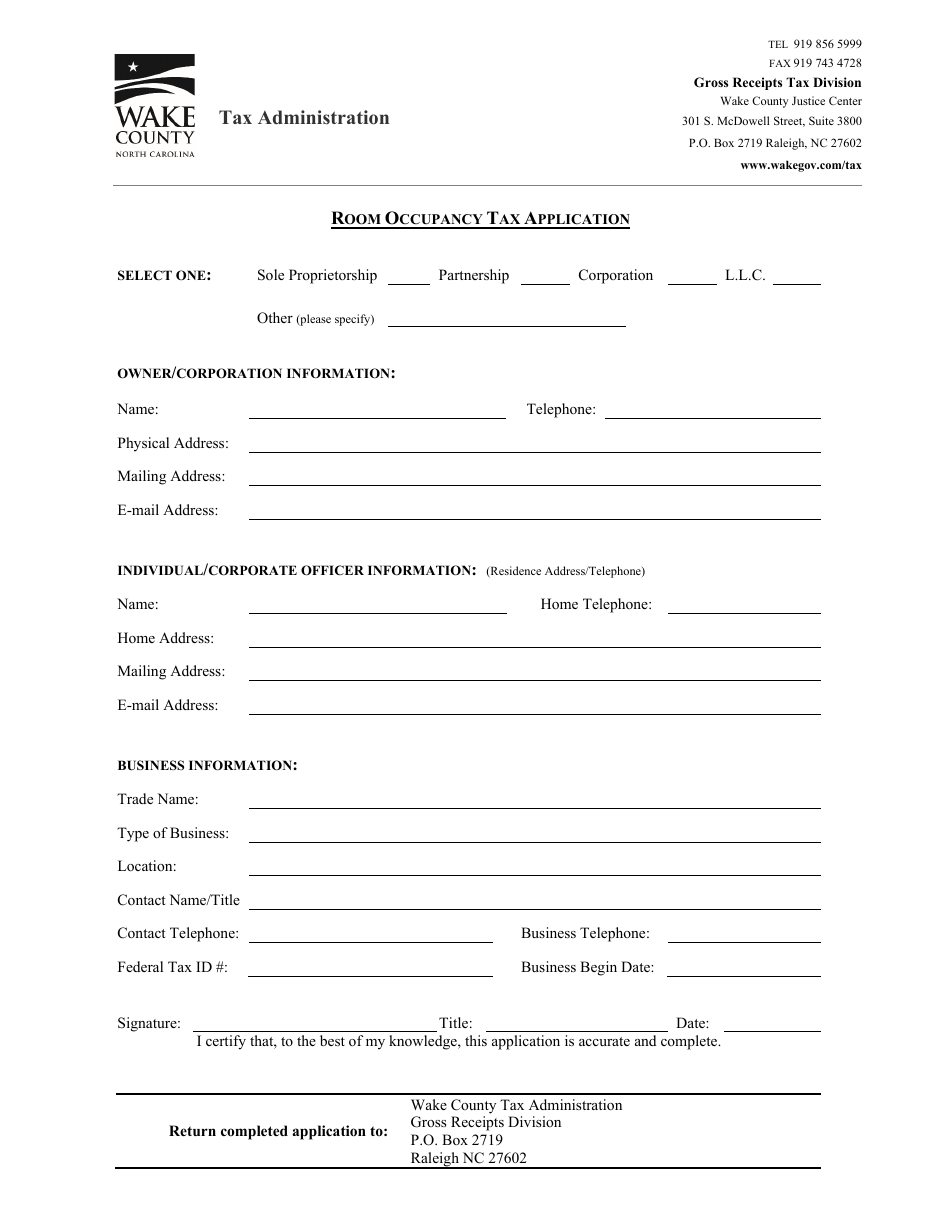 Wake County, North Carolina Room Occupancy Tax Application Fill Out, Sign Online and Download
