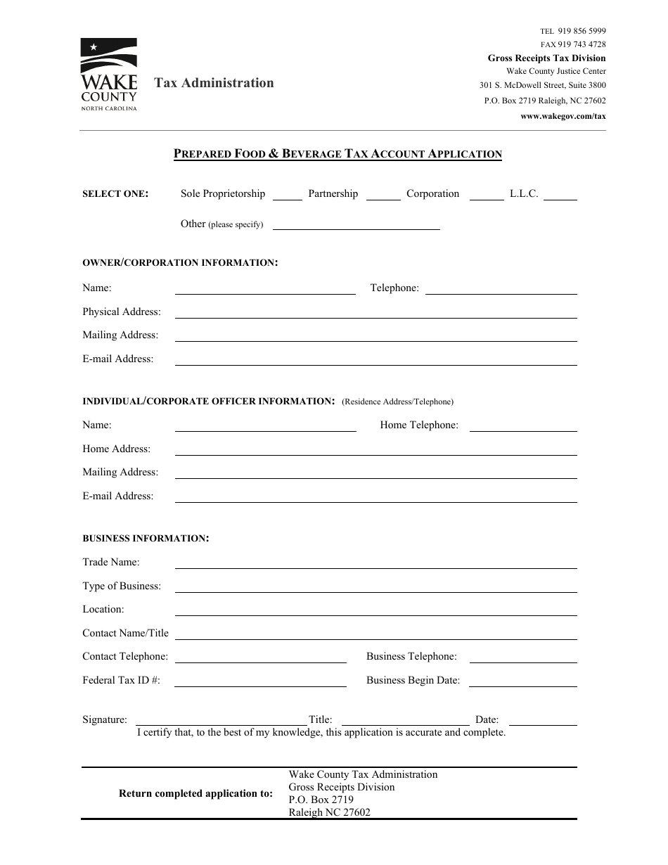 Prepared Food  Beverage Tax Account Application - Wake County, North Carolina, Page 1