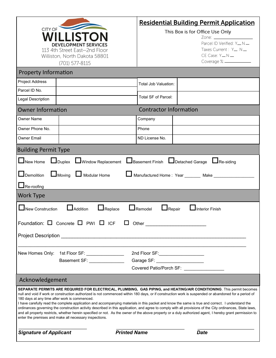 Residential Building Permit Application - City of Williston, North Dakota, Page 1
