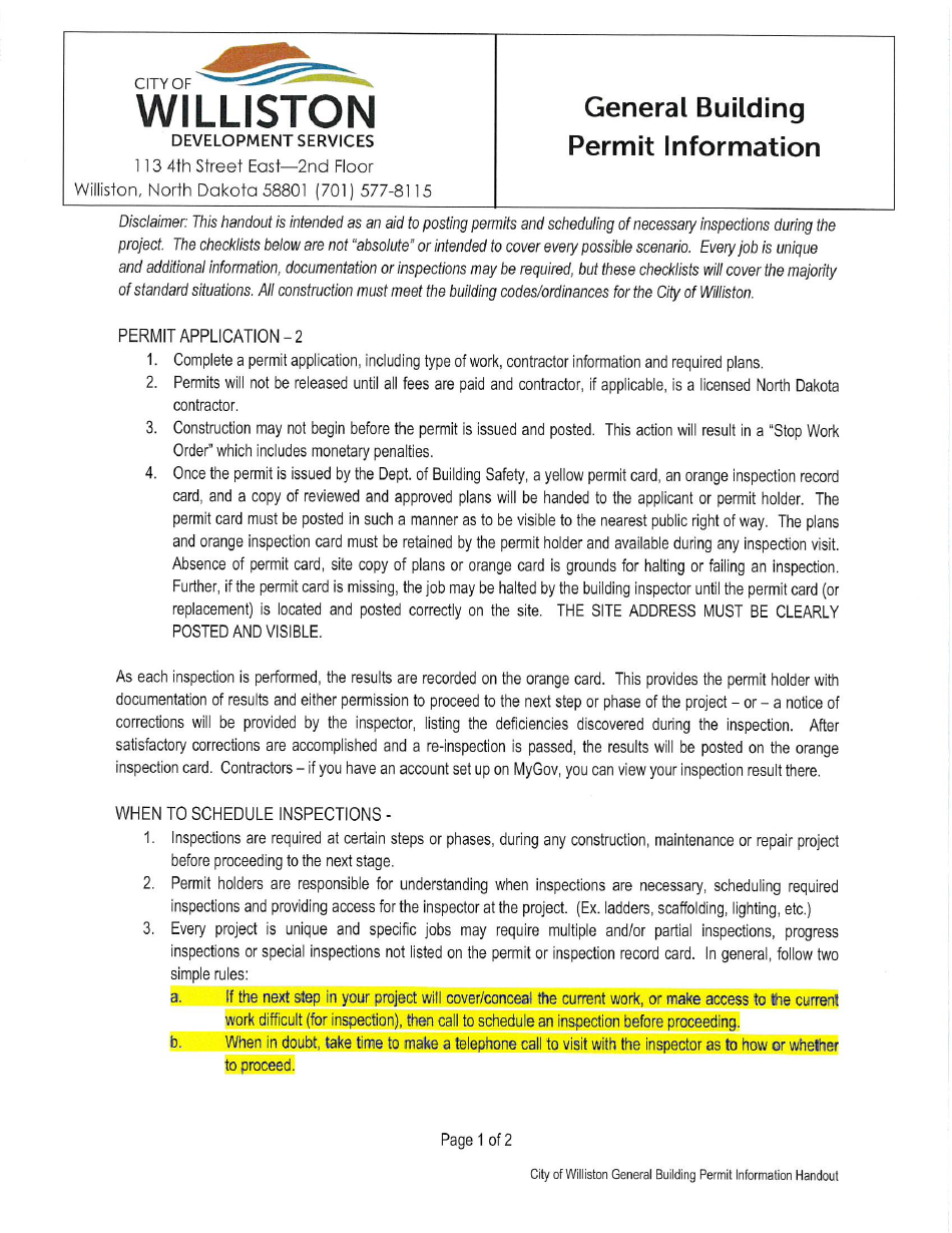 Residential Building Permit Application - City of Williston, North Dakota, Page 4
