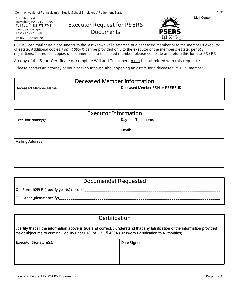 Form PSRS-1332 Executor Request for Psers Documents - Pennsylvania, Page 1