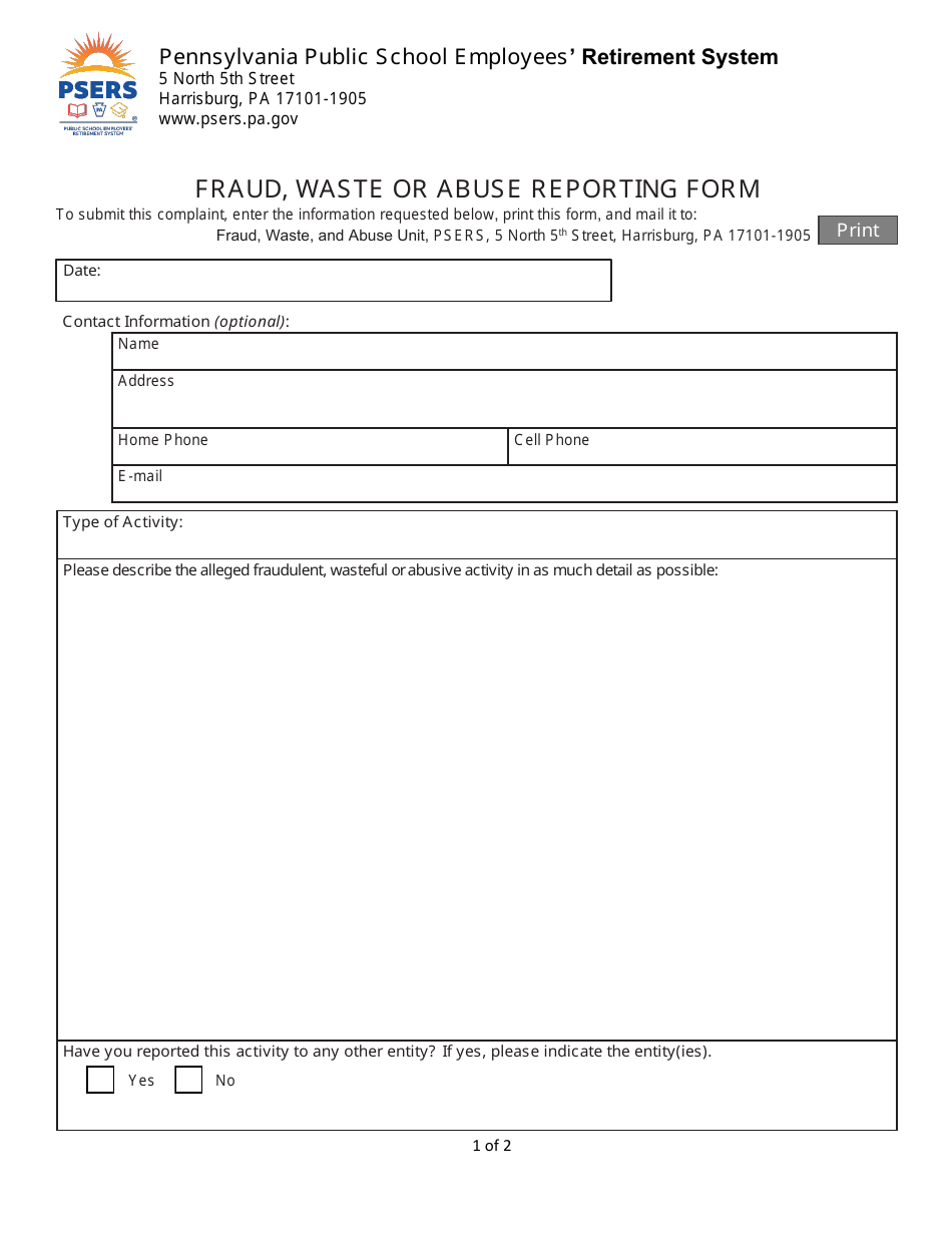 Pennsylvania Fraud, Waste or Abuse Reporting Form Fill Out, Sign