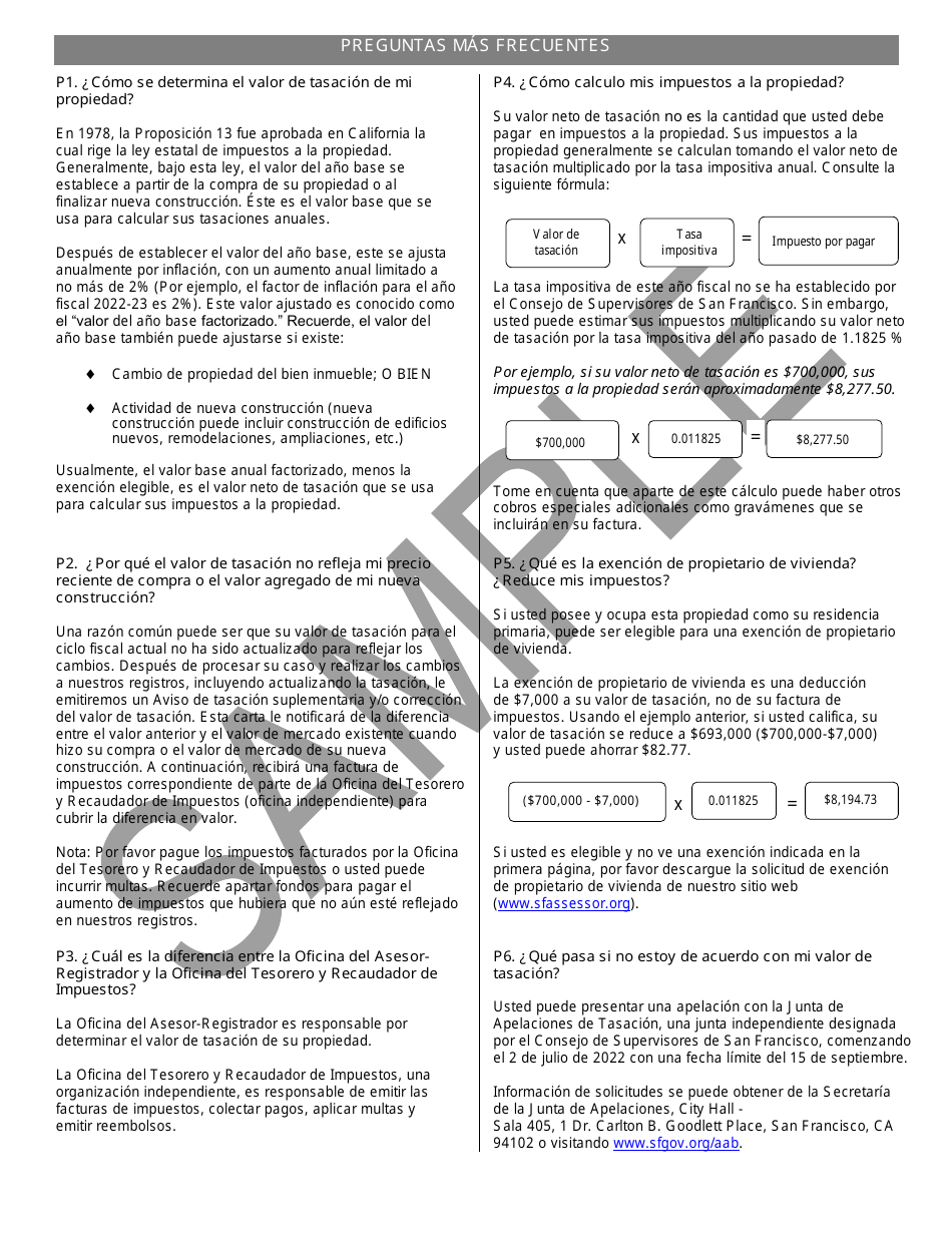 Notificacion De Valor De Tasacion De Propiedad - Sample - City and County San Francisco, California (Spanish), Page 2