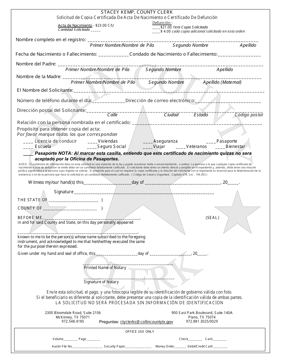 Solicitud De Copia Certificada De Acta De Nacimiento O Certificado De Defuncion - Collin County, Texas (Spanish), Page 1