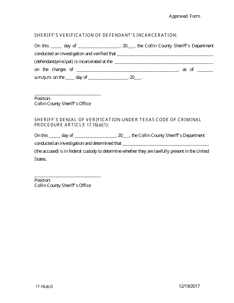 Affidavit Verifying Incarceration of the Accused and Seeking Discharge of Liability Pursuant to Tccp Article 17.16(A)(2) - Collin County, Texas, Page 3
