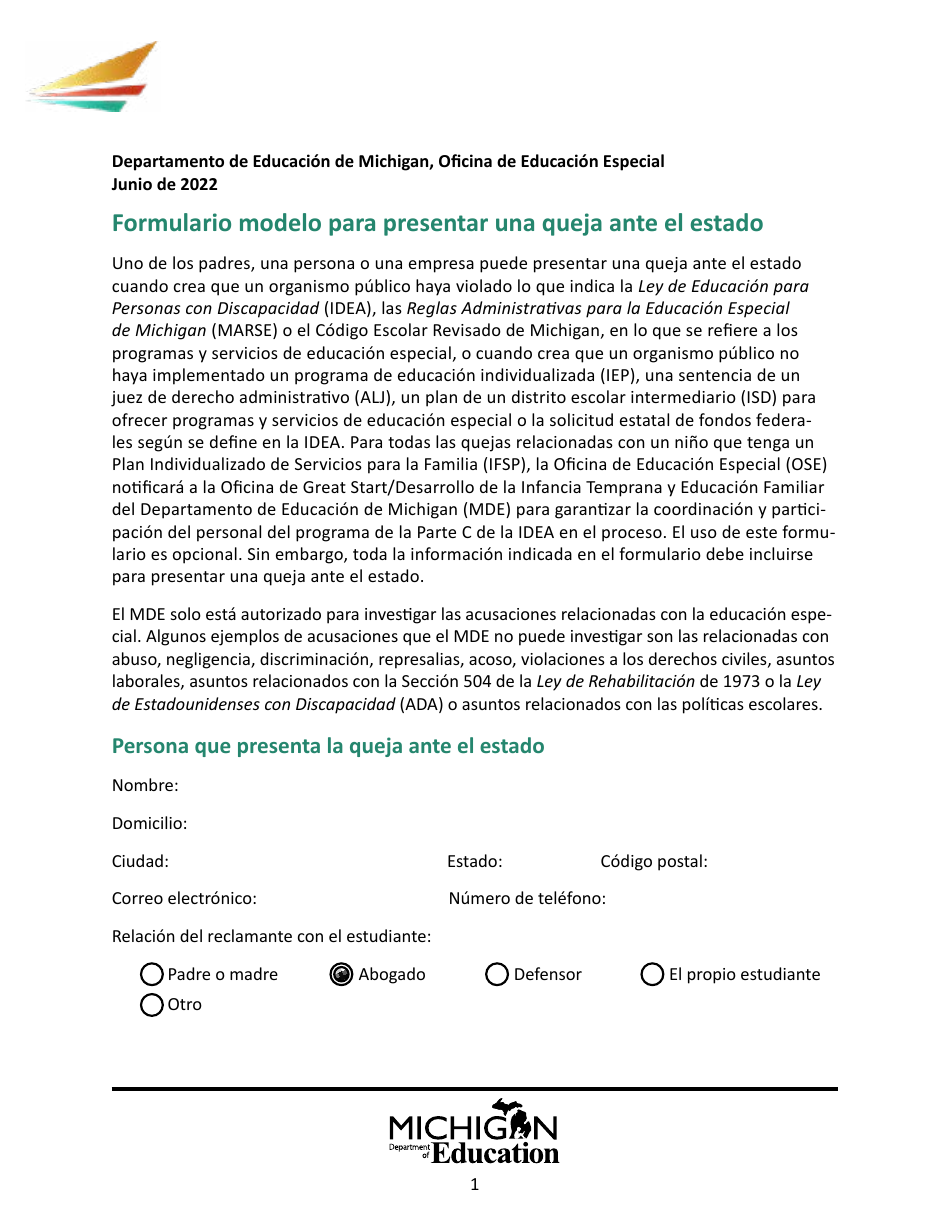 Formulario Modelo Para Presentar Una Queja Ante El Estado - Michigan (Spanish), Page 1