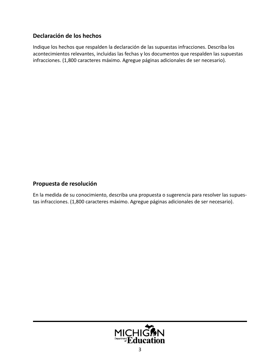 Formulario Modelo Para Presentar Una Queja Ante El Estado - Michigan (Spanish), Page 3