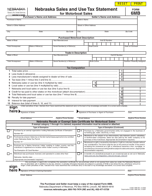 Form 6MB Nebraska Sales and Use Tax Statement for Motorboat Sales - Nebraska