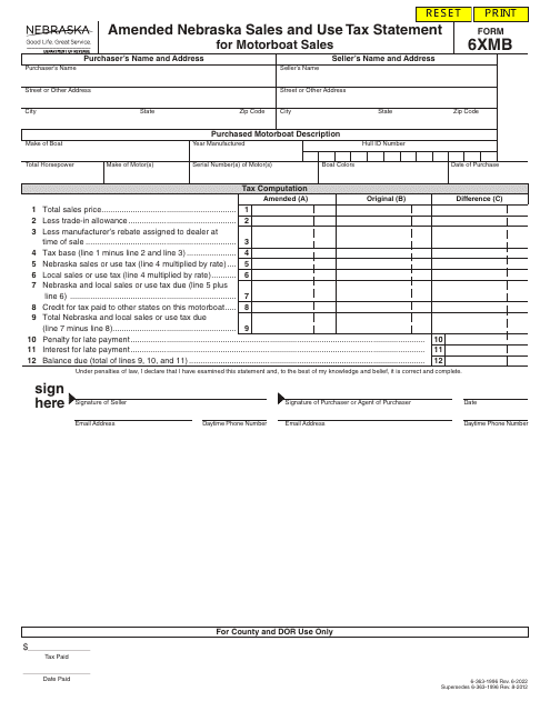 Form 6XMB Amended Nebraska Sales and Use Tax Statement for Motorboat Sales - Nebraska