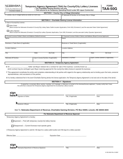 Form TAA-50G Temporary Agency Agreement (Taa) for County/City Lottery Licenses - Nebraska