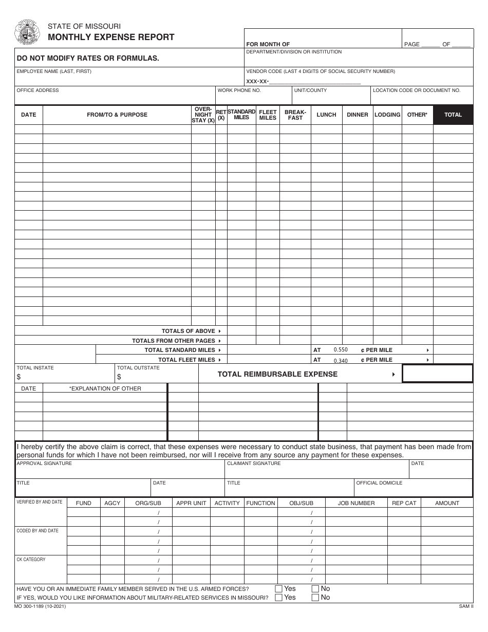 Form MO300-1189 Download Fillable PDF or Fill Online Monthly Expense ...