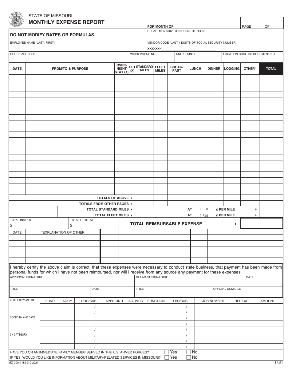 Form MO300-1189 Monthly Expense Report - Missouri, Page 1