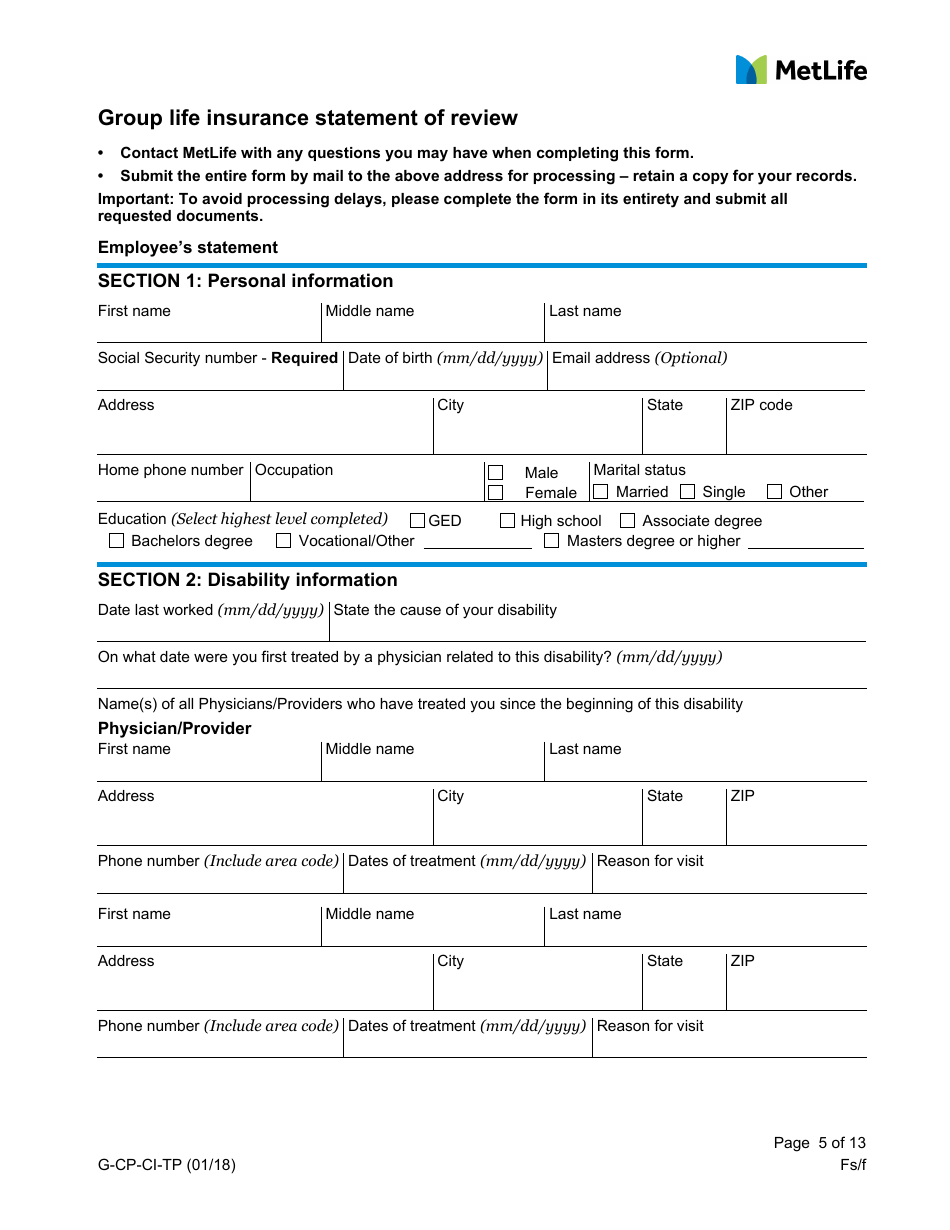 Form G-CP-CI-TP Group Life Insurance Statement of Review - Metlife - West Virginia, Page 5
