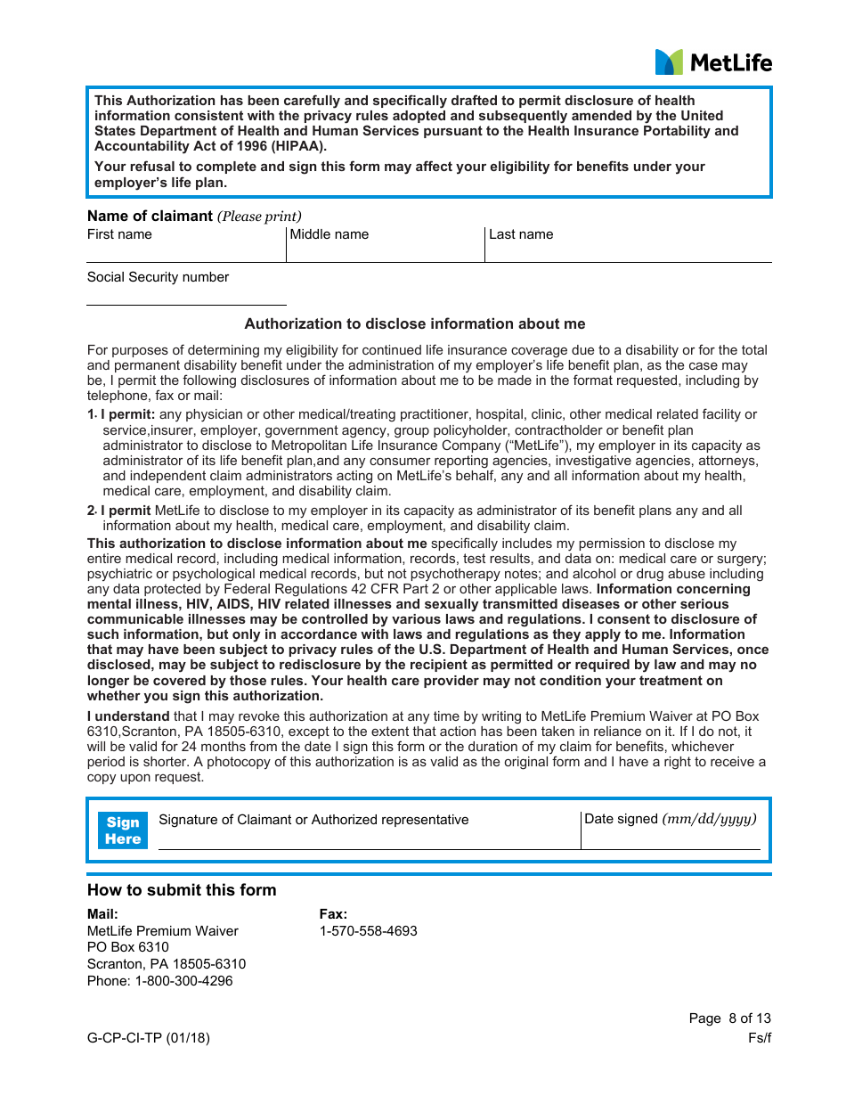 Form G-CP-CI-TP Group Life Insurance Statement of Review - Metlife - West Virginia, Page 8