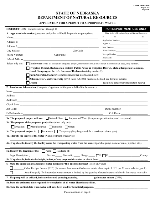 NeDNR SW Form SW-001 Application for a Permit to Appropriate Water - Nebraska