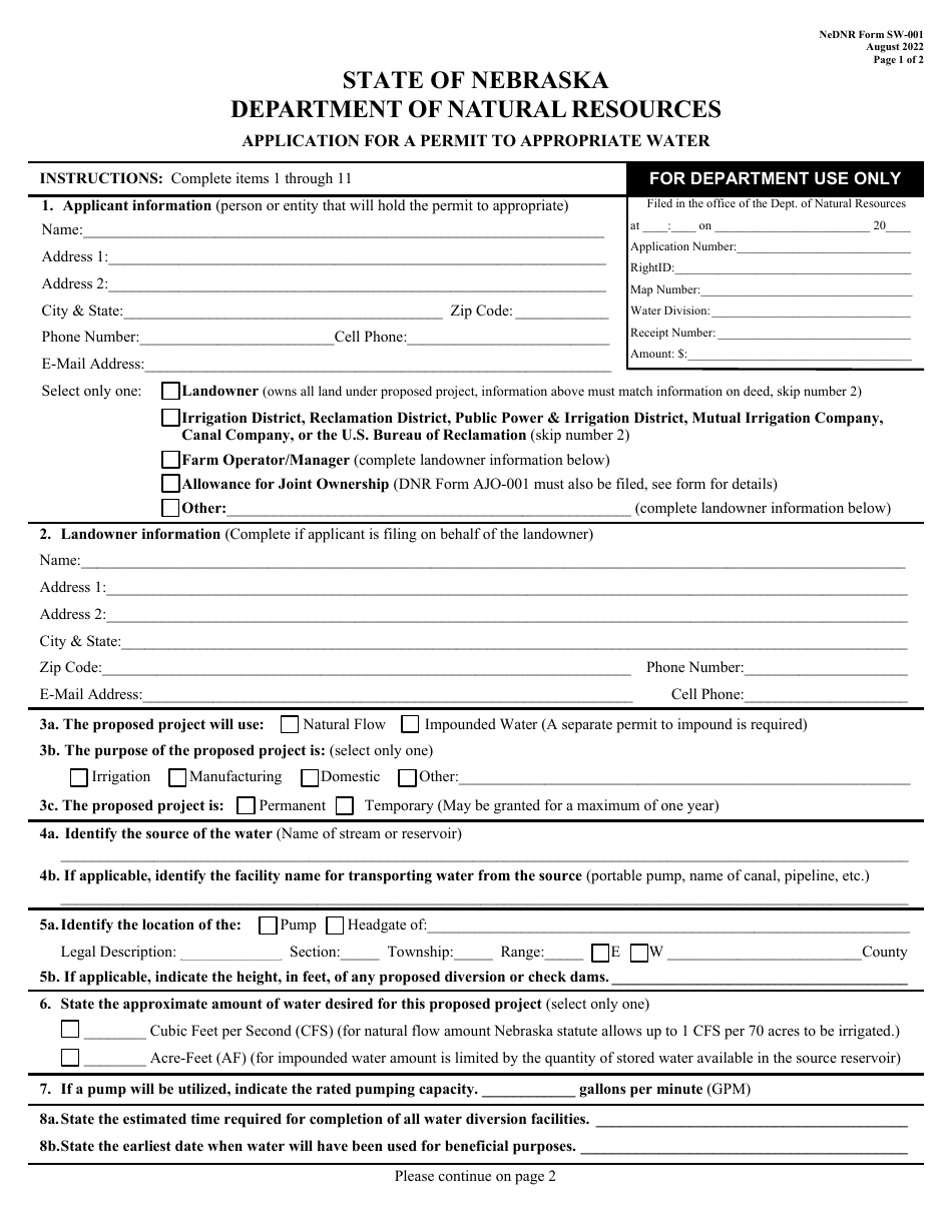 NeDNR SW Form SW-001 Application for a Permit to Appropriate Water - Nebraska, Page 1