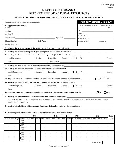 NeDNR SW Form SW-501 Application for a Permit to Conduct Surface Water in Stream Channels - Nebraska
