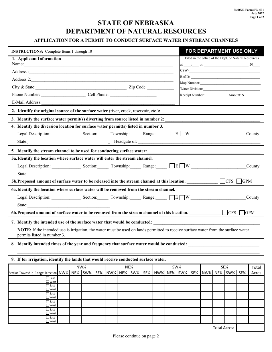 NeDNR SW Form SW-501 Application for a Permit to Conduct Surface Water in Stream Channels - Nebraska, Page 1