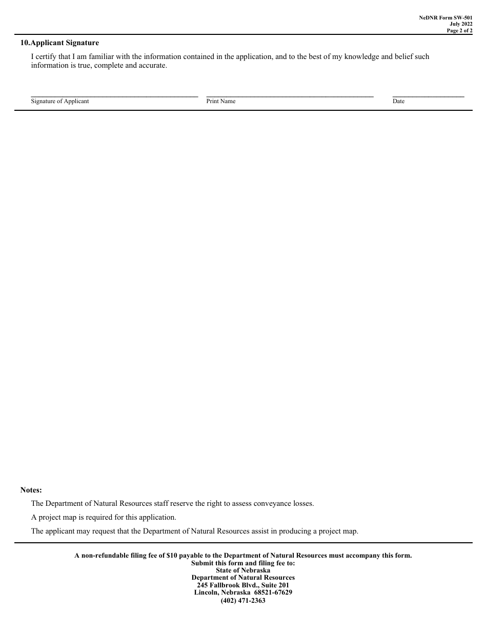 NeDNR SW Form SW-501 Application for a Permit to Conduct Surface Water in Stream Channels - Nebraska, Page 2