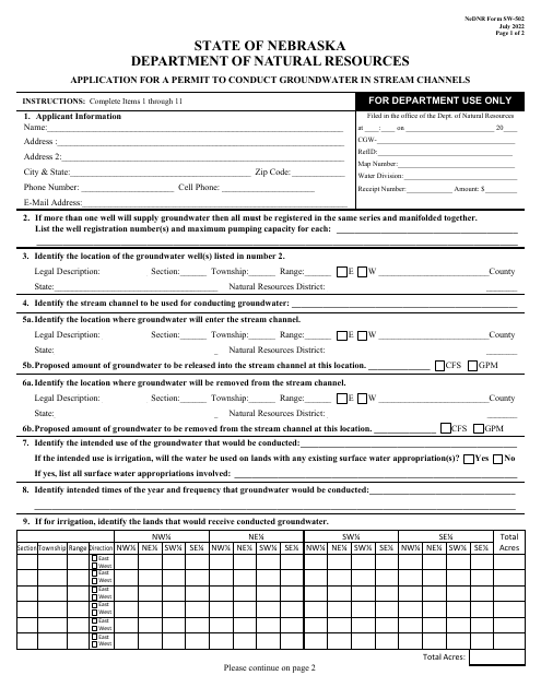 NeDNR SW Form SW-502 Application for a Permit to Conduct Groundwater in Stream Channels - Nebraska
