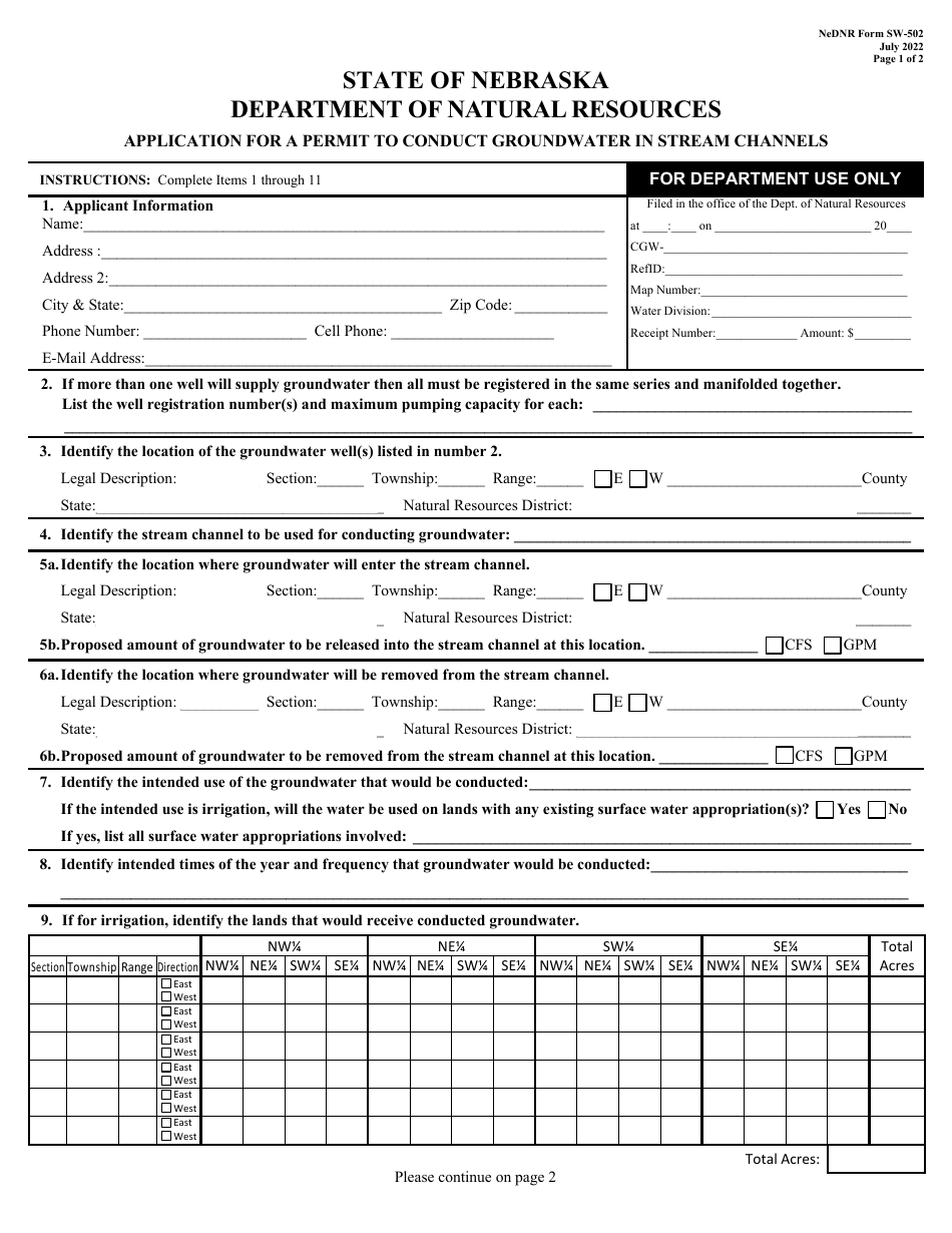 NeDNR SW Form SW-502 Application for a Permit to Conduct Groundwater in Stream Channels - Nebraska, Page 1