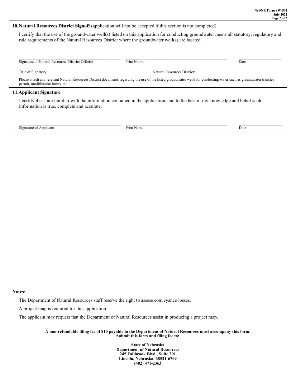 NeDNR SW Form SW-502 Application for a Permit to Conduct Groundwater in Stream Channels - Nebraska, Page 2