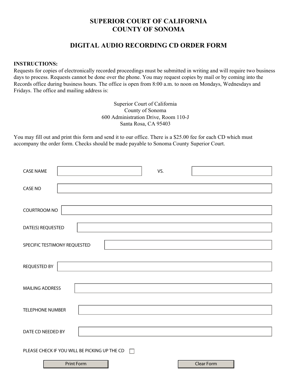 Digital Audio Recording Cd Order Form - County of Sonoma, California, Page 1