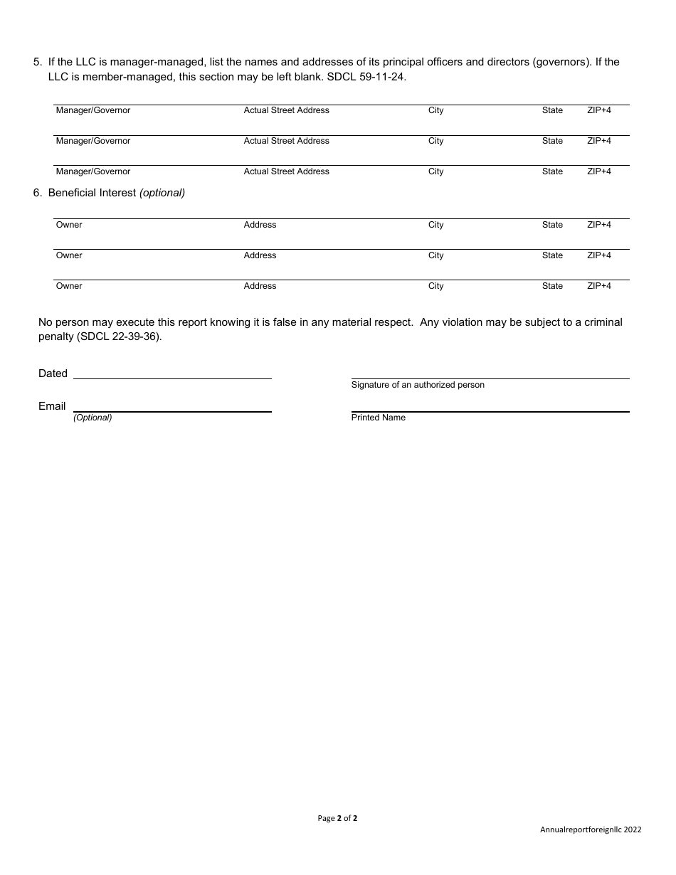 Annual Report - Foreign Limited Liability Company - South Dakota, Page 2
