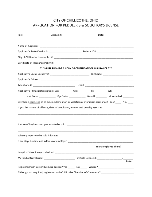 Application for Peddler's & Solicitor's License - City of Chillicothe, Ohio Download Pdf