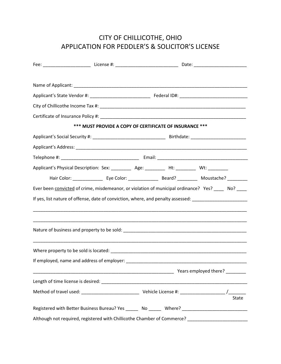 Application for Peddlers  Solicitors License - City of Chillicothe, Ohio, Page 1