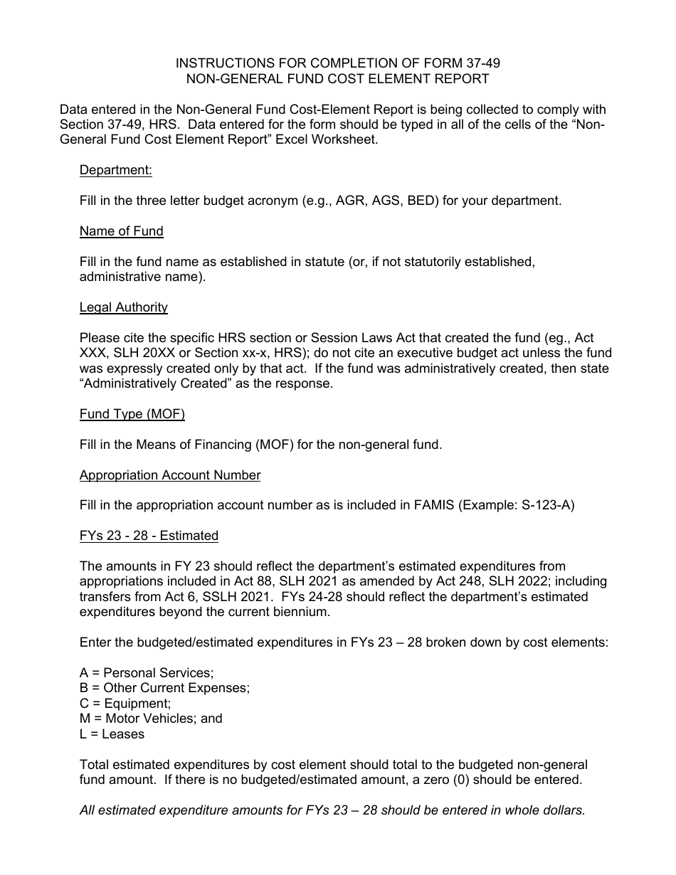 Instructions for Form 37-49 Non-general Fund Cost Element Report - Hawaii, Page 1