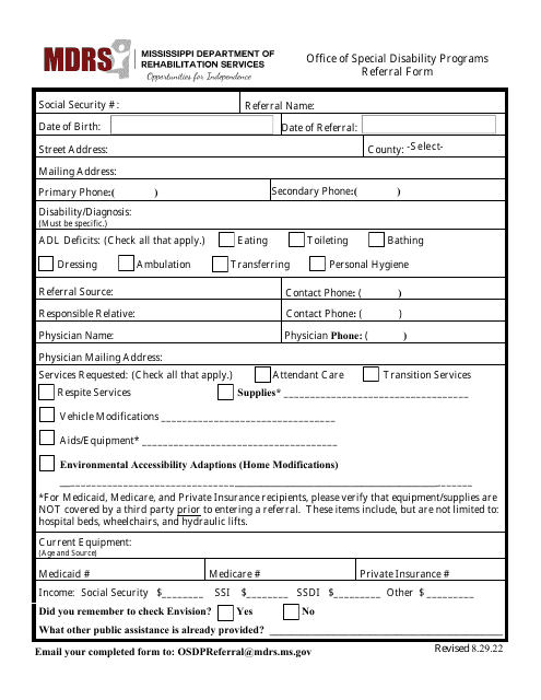 Office of Special Disability Programs Referral Form - Mississippi Download Pdf