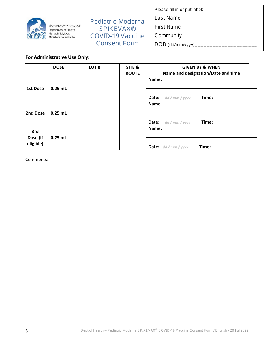 Pediatric Moderna Spikevax Covid-19 Vaccine Consent Form - Nunavut, Canada, Page 3