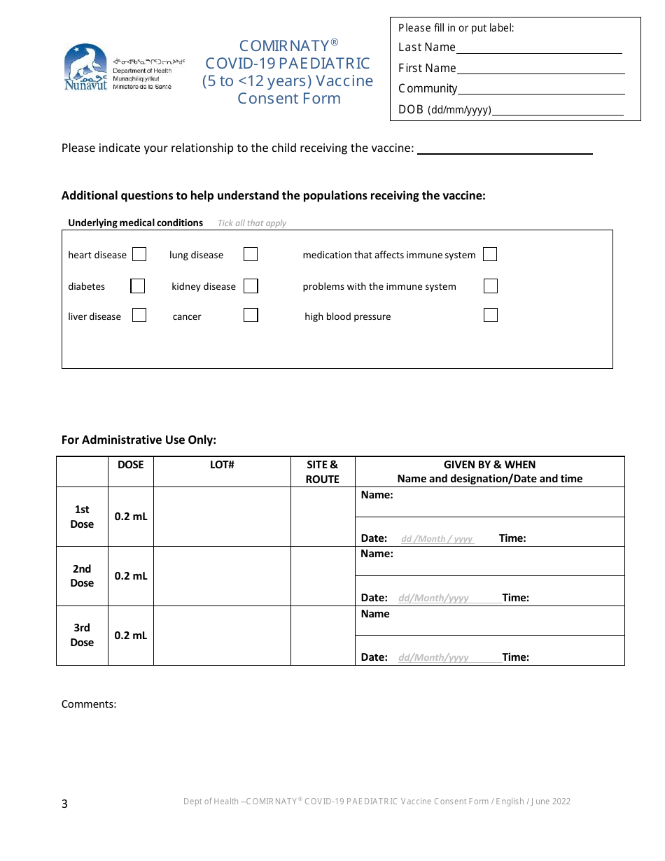 Comirnaty Covid-19 Paediatric (5 to 12 Years) Vaccine Consent Form - Nunavut, Canada, Page 3