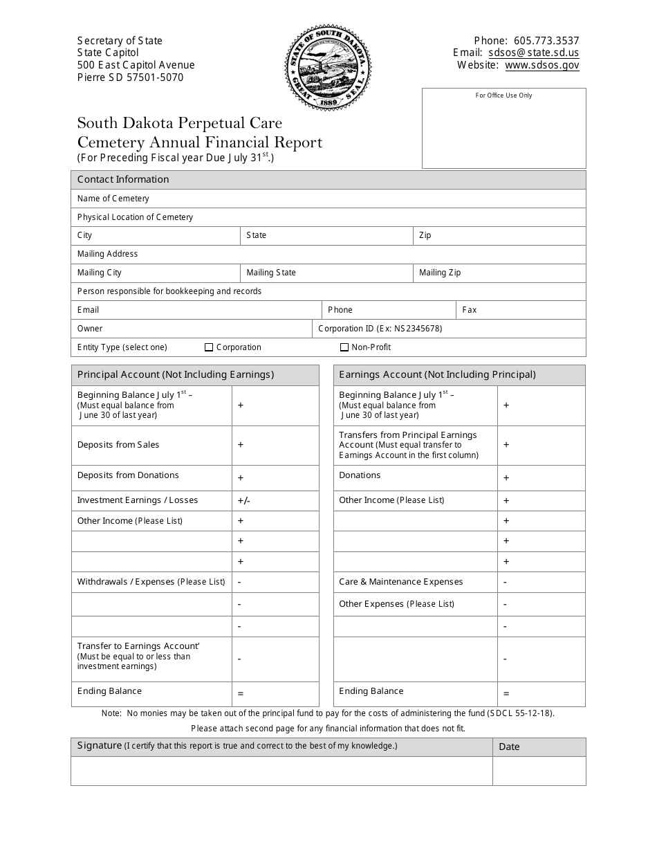Perpetual Care Cemetery Annual Financial Report - South Dakota, Page 1