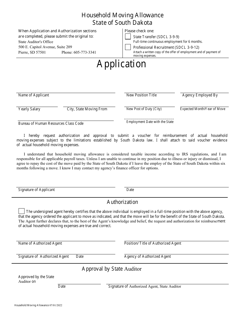 Household Moving Allowance Application - South Dakota, Page 1