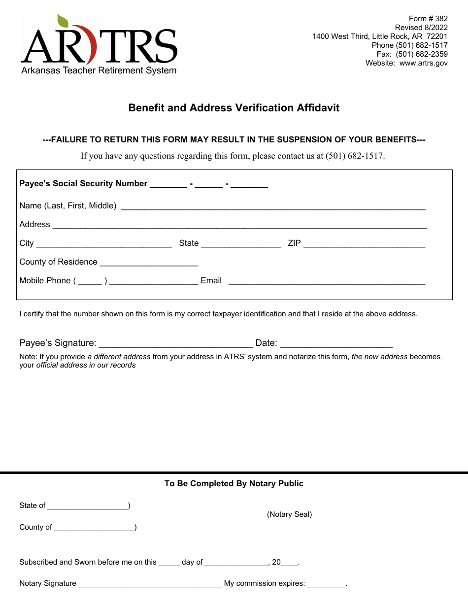 Form 382 Benefit and Address Verification Affidavit - Arkansas, Page 1