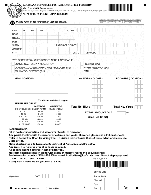 Form AES-22-35 New Apiary Permit Application - Louisiana