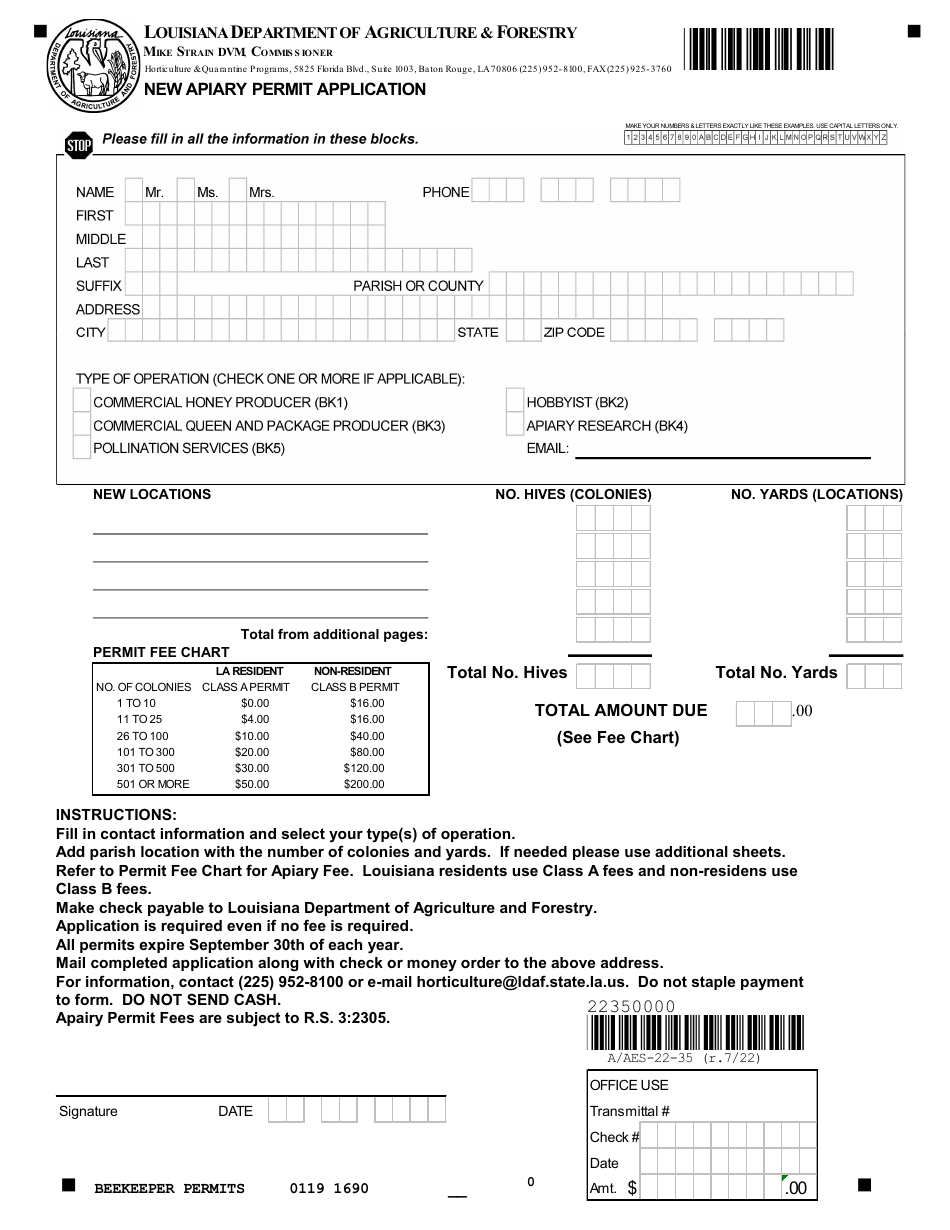 Form AES-22-35 New Apiary Permit Application - Louisiana, Page 1