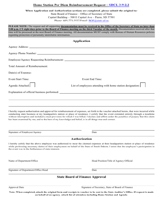 South Dakota Home Station Per Diem Reimbursement Request Download
