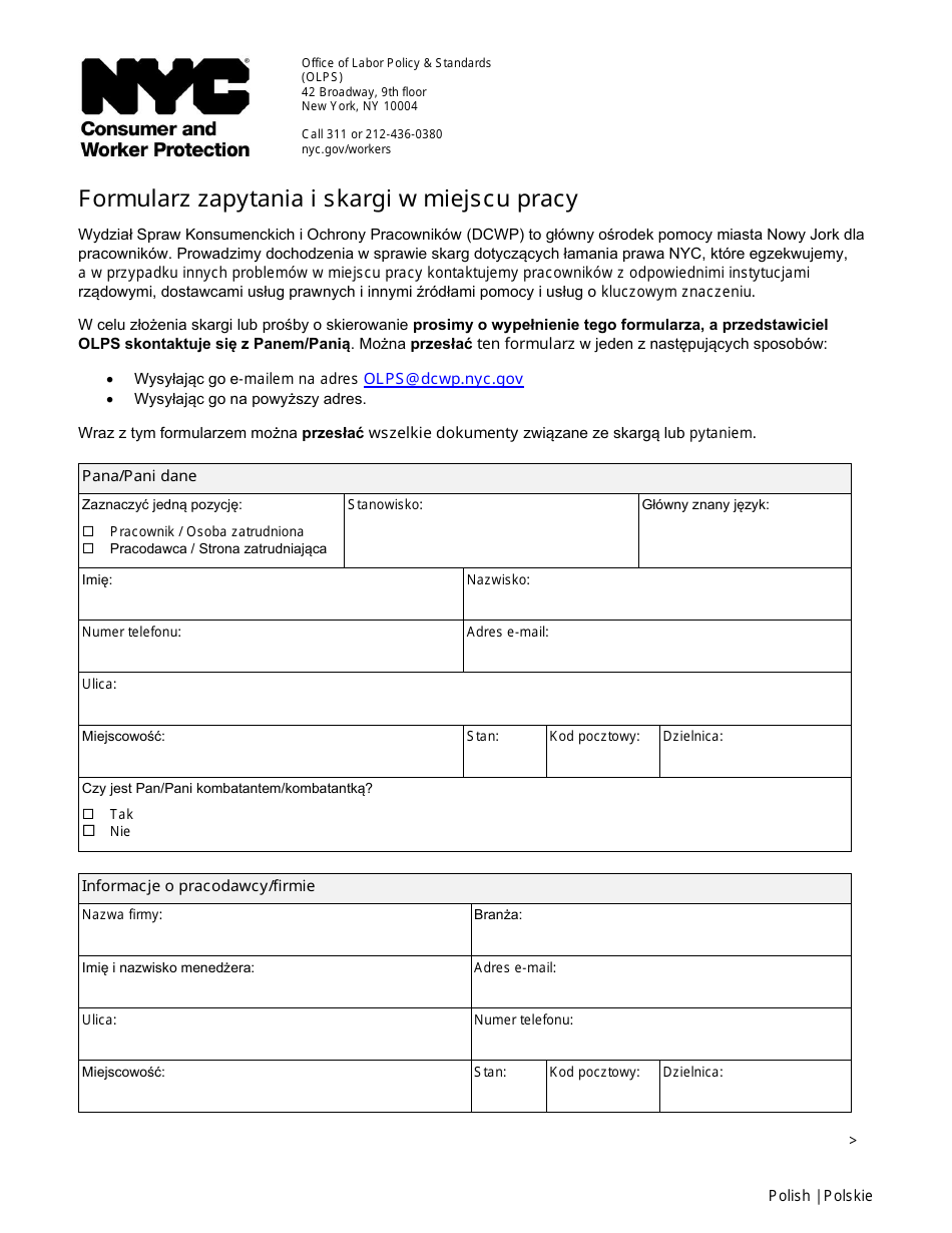 Workplace Inquiry and Complaint Form - New York City (Polish), Page 1