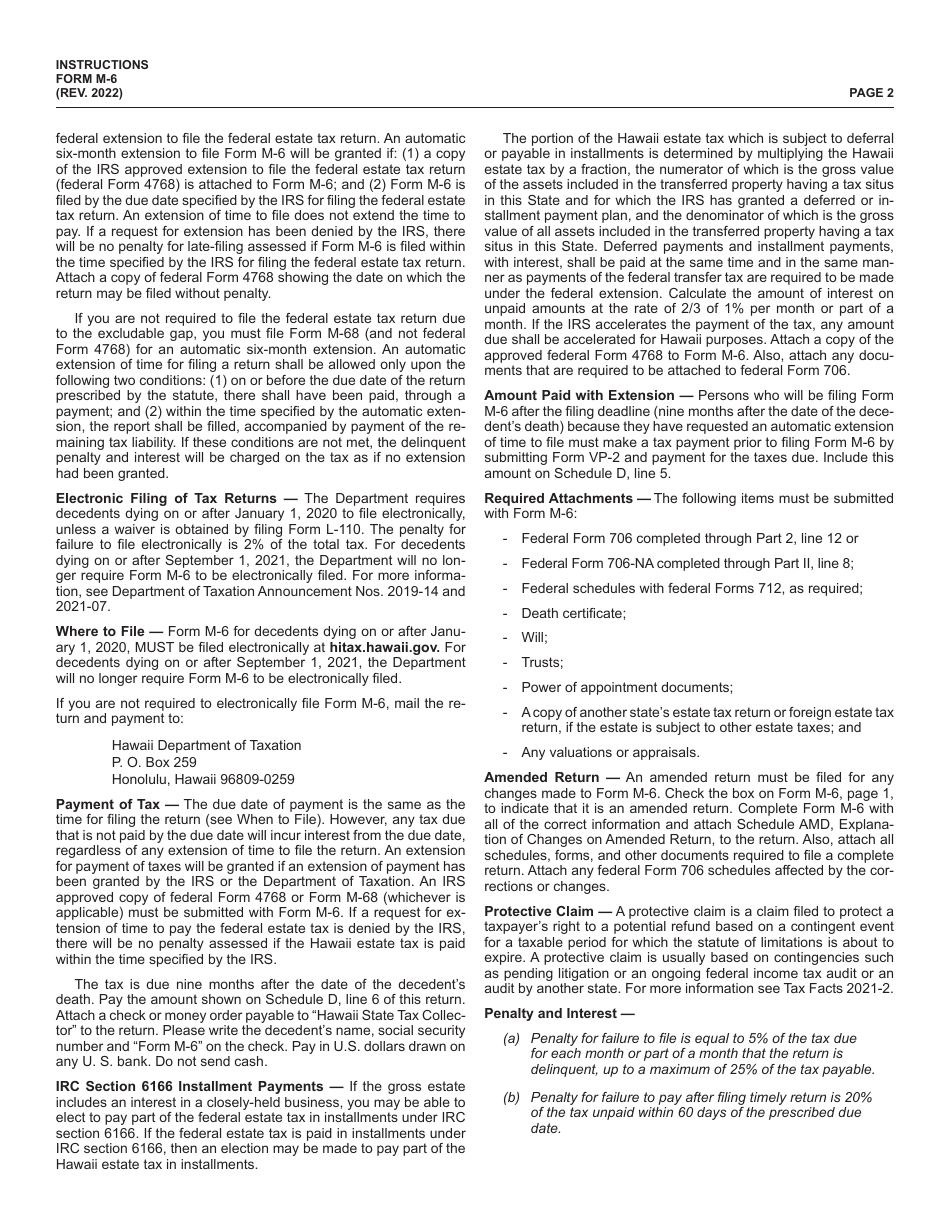 Instructions for Form M-6 Hawaii Estate Tax Return - Hawaii, Page 2
