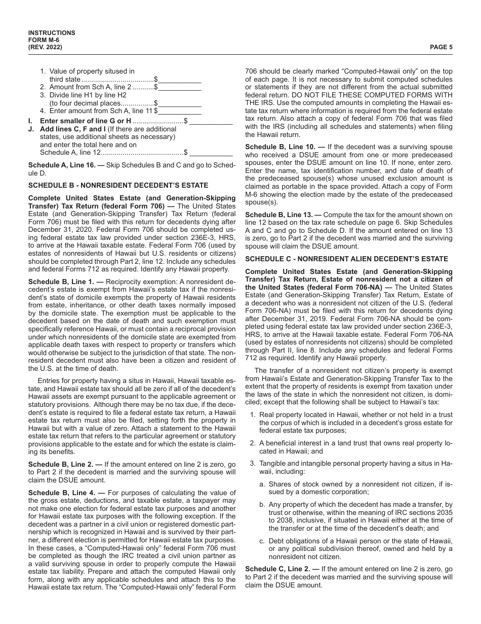 Instructions for Form M-6 Hawaii Estate Tax Return - Hawaii, Page 5