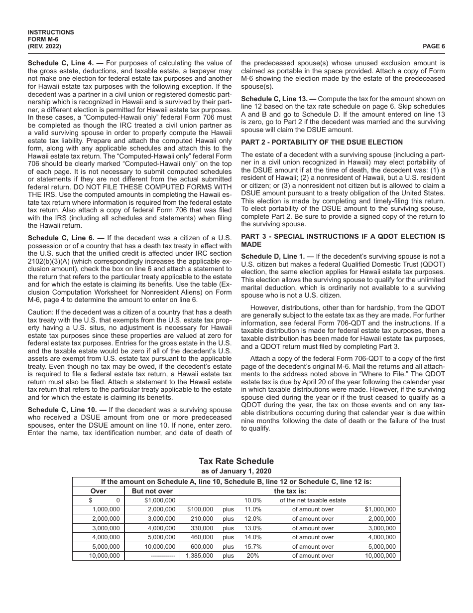 Instructions for Form M-6 Hawaii Estate Tax Return - Hawaii, Page 6